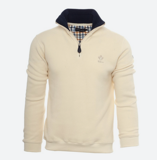 Ethnic Blue Signature Sweater Zip Neck | Ecru