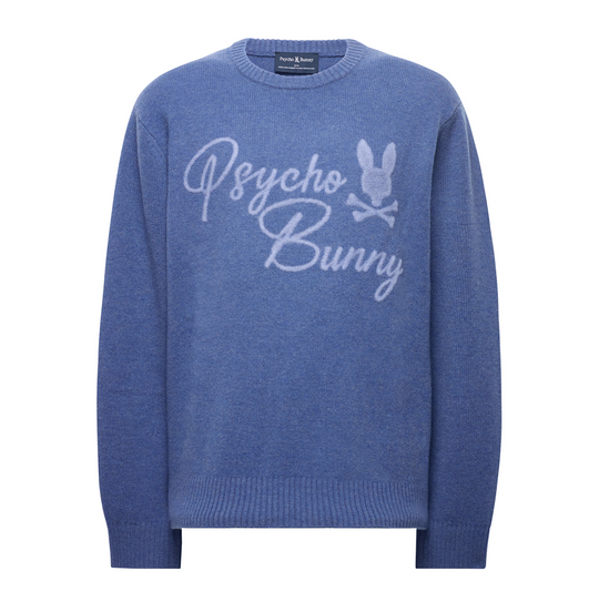 Psycho Bunny Mens Cozy Merino Word Mark Crew Sacha | Grey Blue