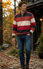 Ethnic Blue Striped Polo Sweater | Brown Rust