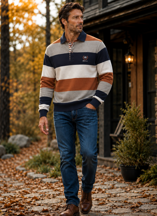 Ethnic Blue Striped Polo Sweater | Rust Taupe
