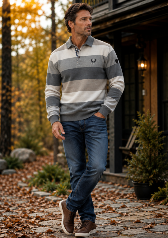 Ethnic Blue Striped Polo Sweater | Grey Taupe