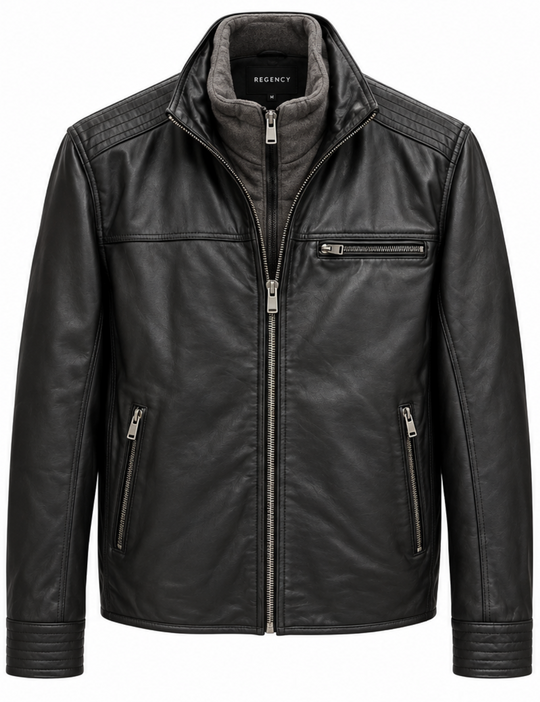 Regency Leather Jacket with Zip out Bib | Black