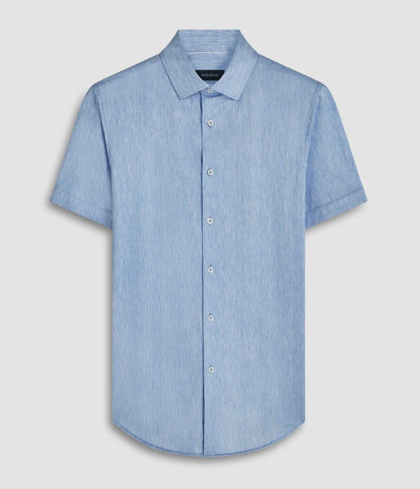 Bugatchi Miles Chambray Print OoohCotton Short Sleeve Shirt, Classic Blue - Caswell's Fine Menswear