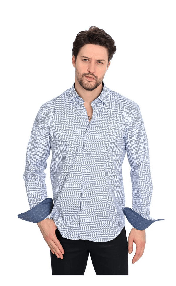 Mizumi Shirt Long Sleeve | White/Navy - Caswell's Fine Menswear