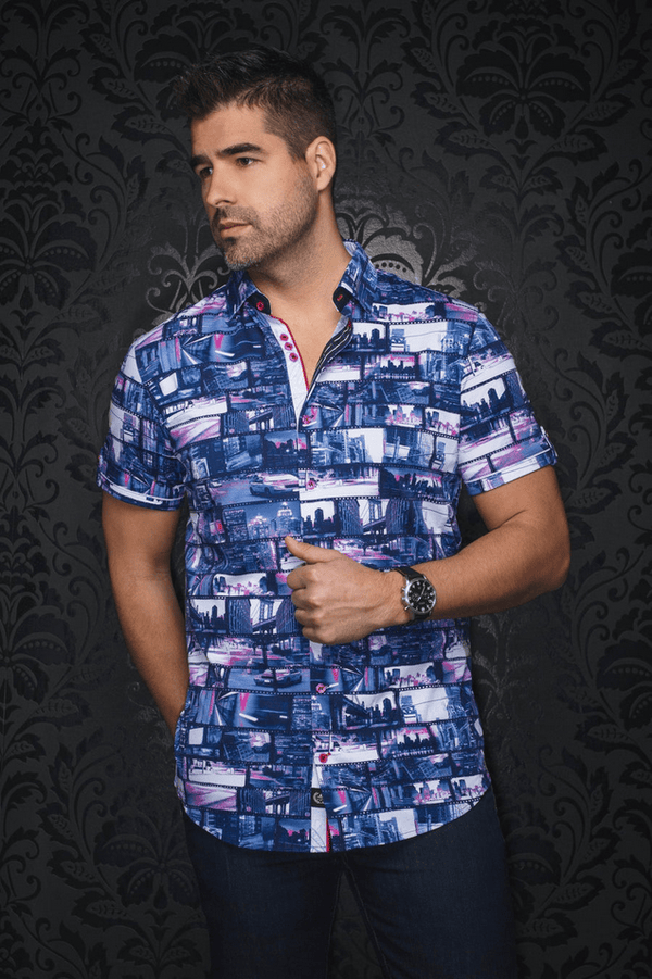 Au Noir 360° Stretch Shirt Short Sleeve | MEDFORD, Navy - Caswell's Fine Menswear