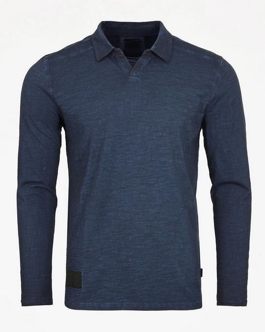 Zimego Long Sleeve Vintage Wash Henley Neck Polo | Navy