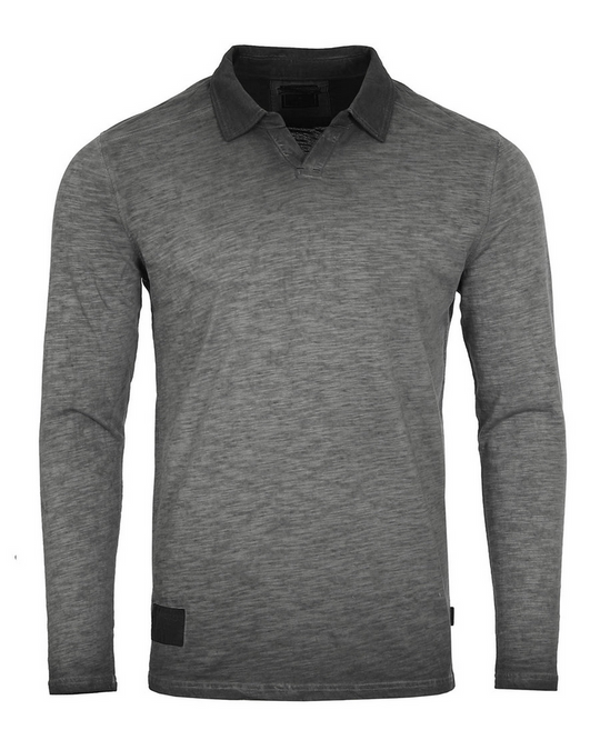 Zimego Long Sleeve Vintage Wash Henley Neck Polo | Charcoal