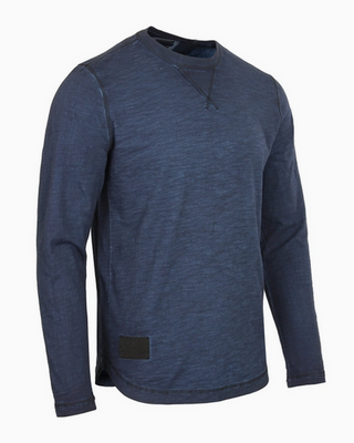 Zimego Long Sleeve Crew Neck Vintage Wash T-Shirt with Curved Bottom Hem | Navy