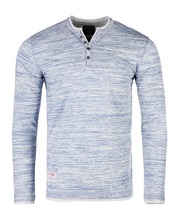 Zimego Long Sleeve Double Layered Y-Neck Fashion Henley | Blue/White