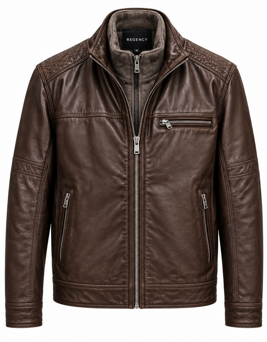 Regency Leather Jacket with Zip out Bib | Brown