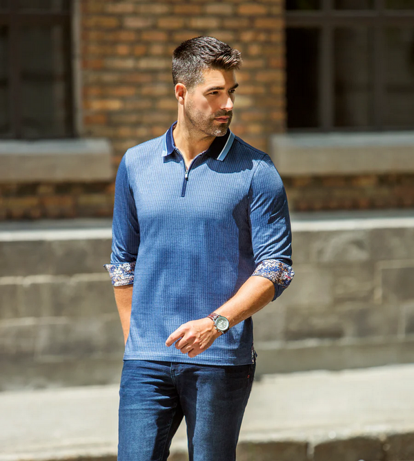 Au Noir Polo Long Sleeve | FEDERICO, Blue - Caswell's Fine Menswear