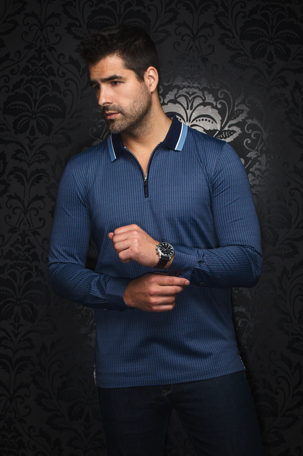 Au Noir Polo Long Sleeve | FEDERICO, Blue - Caswell's Fine Menswear
