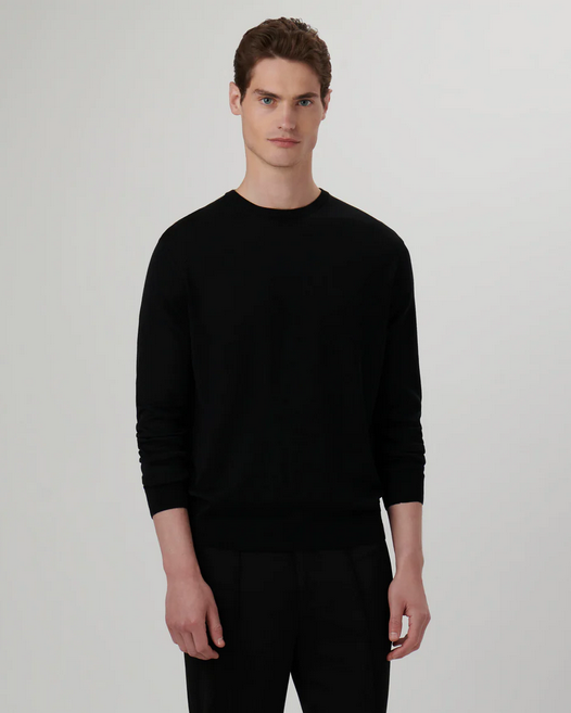 Bugatchi Super Merino Solid Crew Neck Sweater, Caviar - Caswell's Fine Menswear