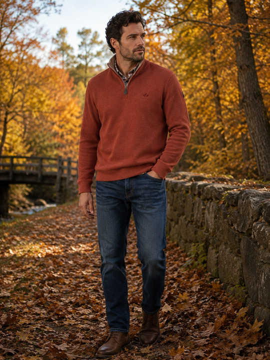 Ethnic Blue Signature Sweater Zip Neck | Rust