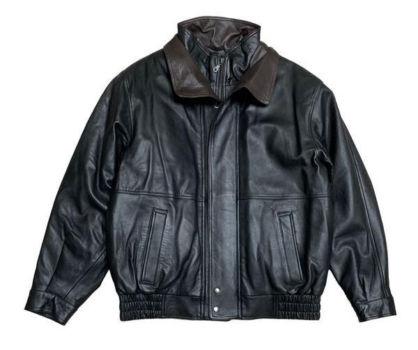 Bomber Leather Jacket Double Collar, Black/Brown - Caswell's Fine Menswear