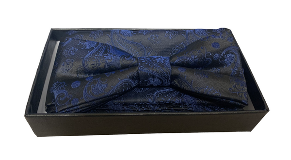Bow Tie Set (Bow Tie & Pocket Square) Navy Paisley - Caswell's Fine Menswear