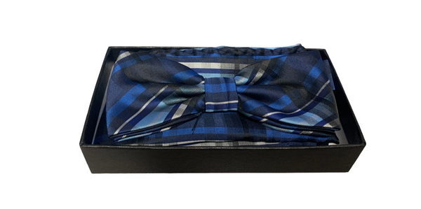 Bow Tie Set (Bow Tie & Pocket Square) Blue Plaid - Caswell's Fine Menswear