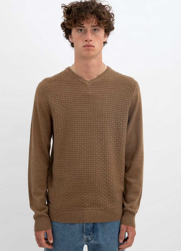 POINT ZERO Cotton V-Neck Fine Gauge Sweater Bark Mix - Caswell's Fine Menswear