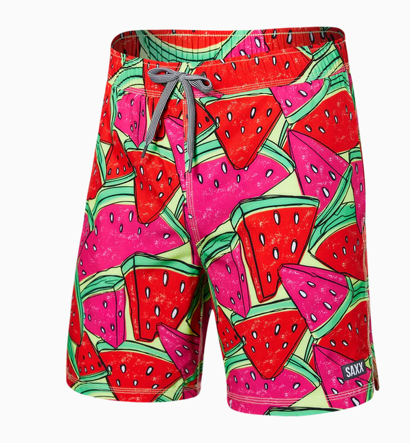 Oh Buoy Swim Trunks 7", Mega Mega Melon- Red - Caswell's Fine Menswear